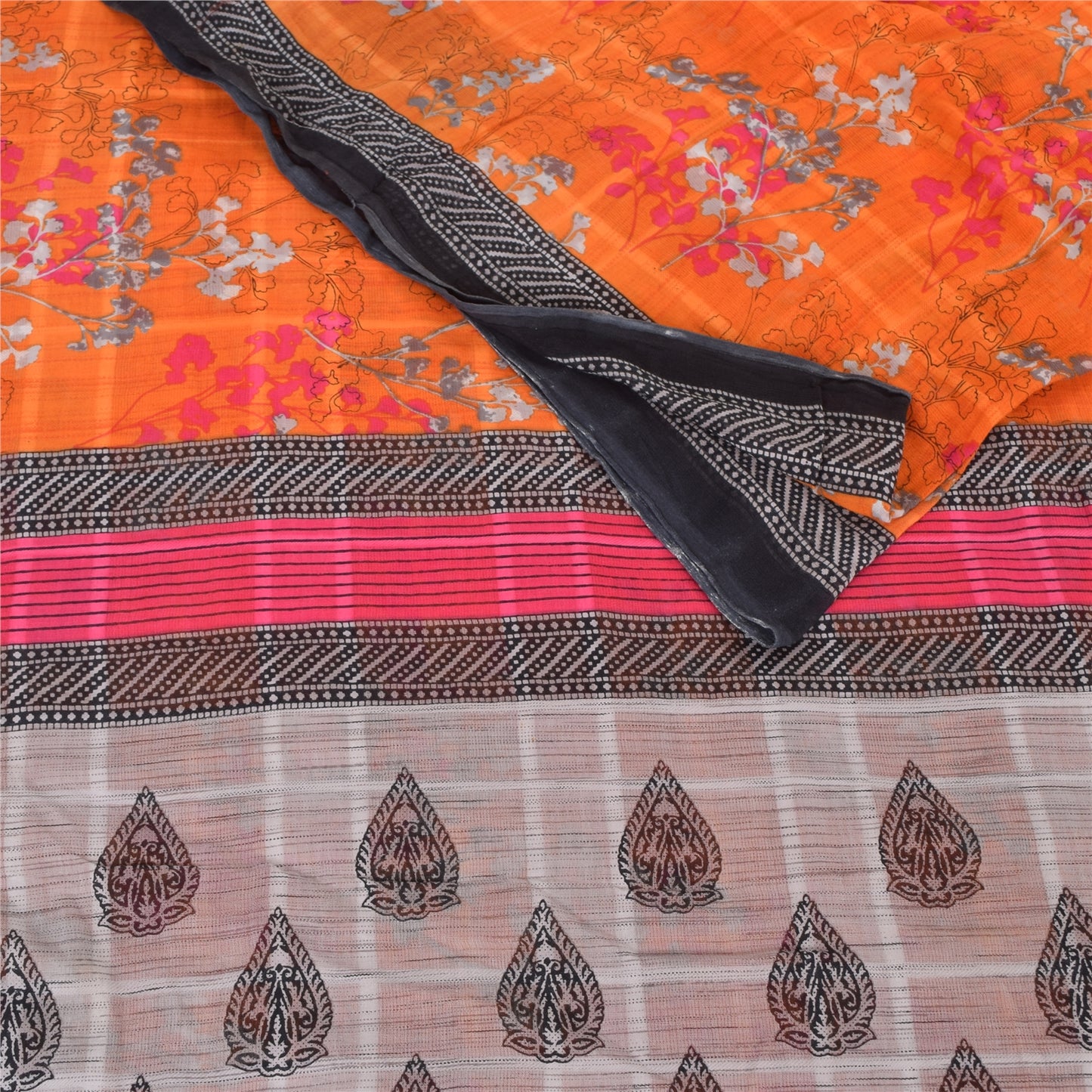 Sanskriti Vintage Sarees Indian Orange Pure Cotton Printed Sari 5yd Craft Fabric