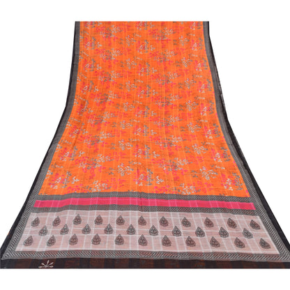 Sanskriti Vintage Sarees Indian Orange Pure Cotton Printed Sari 5yd Craft Fabric