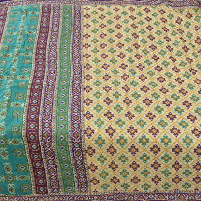 Sanskriti Vintage Sarees Indian Cream Pure Cotton Printed Sari 5yd Craft Fabric