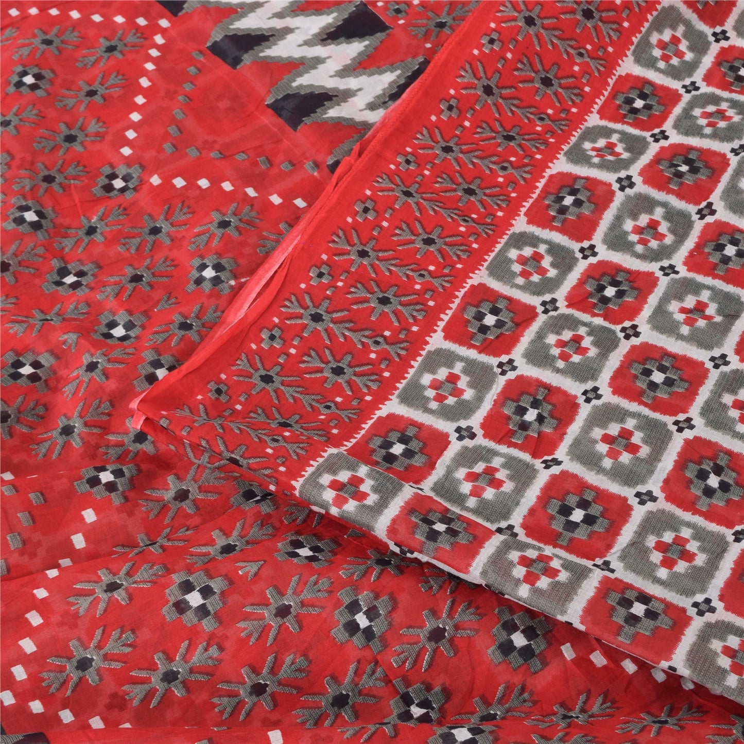 Sanskriti Vintage Sarees Red/Gray 100% Pure Cotton Printed Sari 5yd Craft Fabric