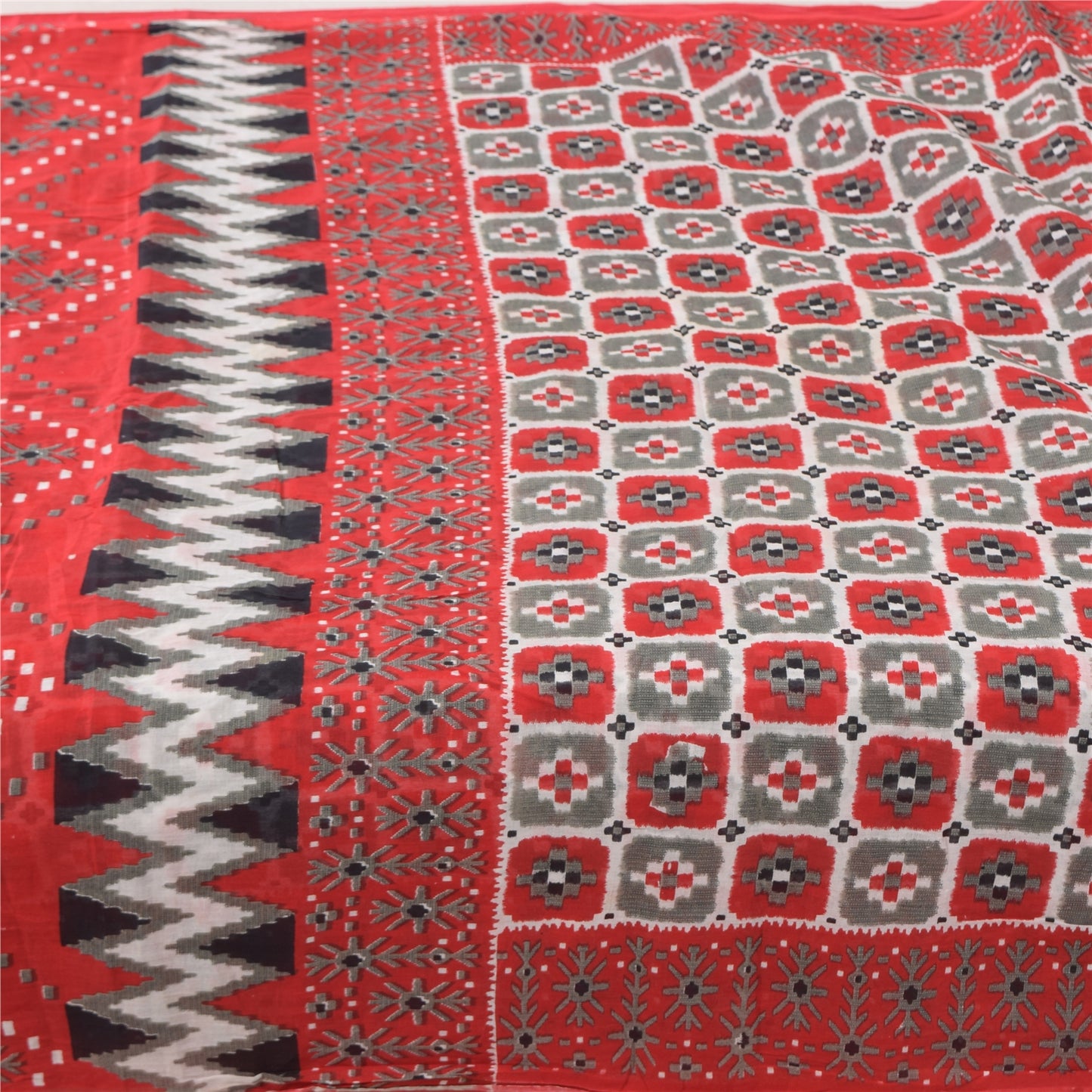 Sanskriti Vintage Sarees Red/Gray 100% Pure Cotton Printed Sari 5yd Craft Fabric