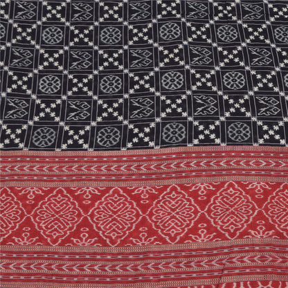 Sanskriti Vintage Sarees Black/Red Pure Cotton Ikat Print Sari 5yd Craft Fabric