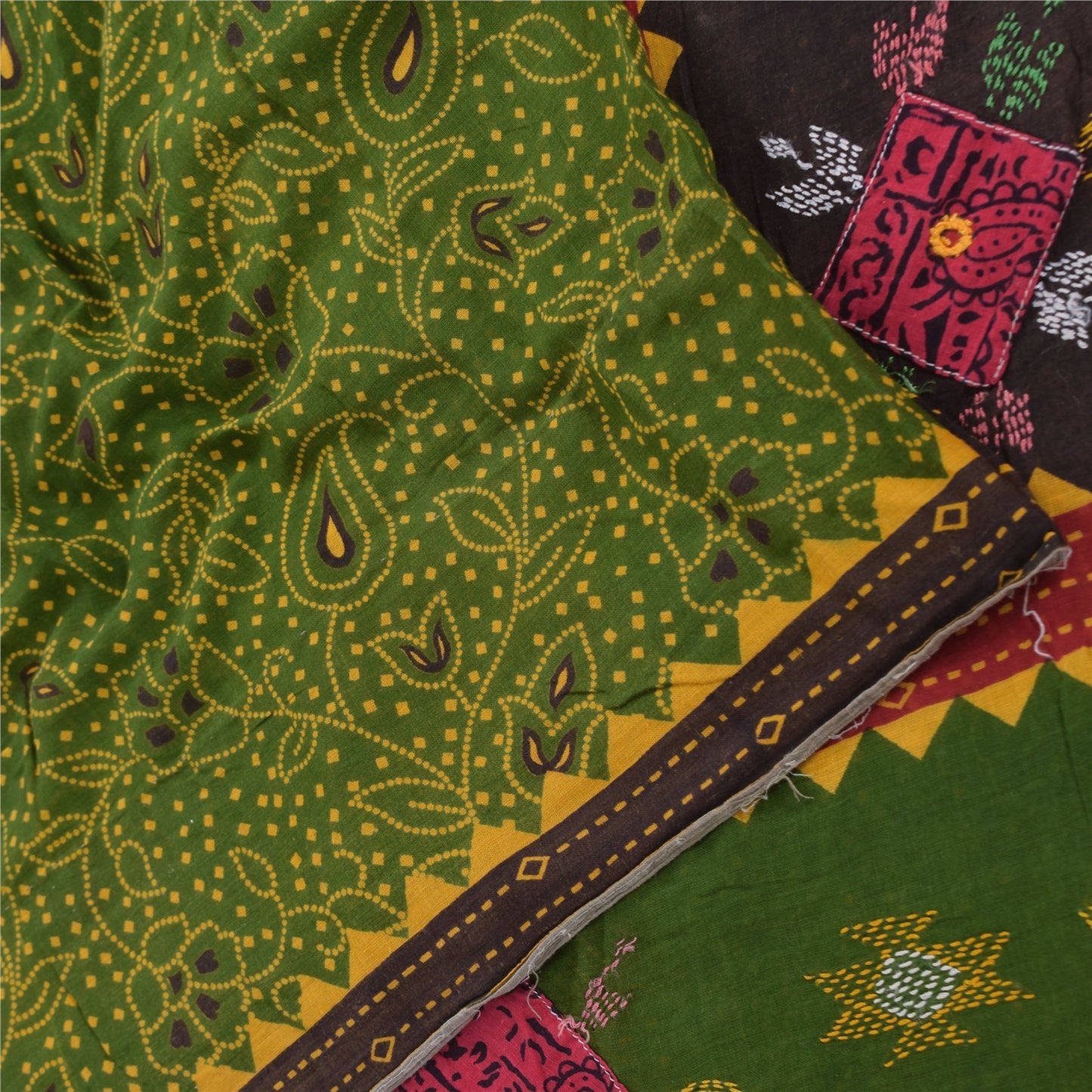 Sanskriti Vintage Sarees Green Hand Embroidered Printed Pure Cotton Sari Fabric