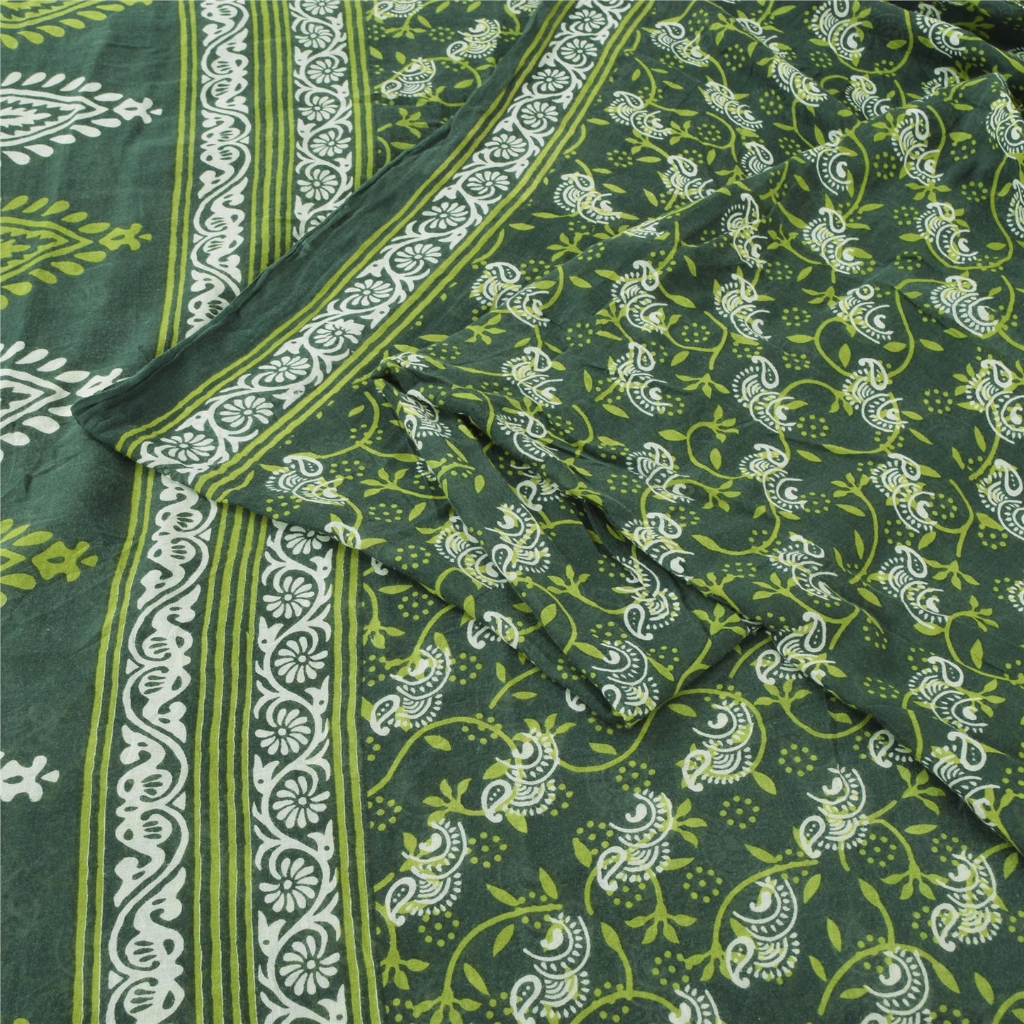 Sanskriti Vintage Sarees Indian Green Pure Cotton Printed Sari 5yd Craft Fabric