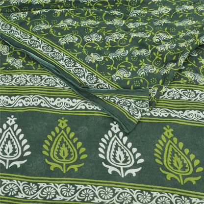 Sanskriti Vintage Sarees Indian Green Pure Cotton Printed Sari 5yd Craft Fabric