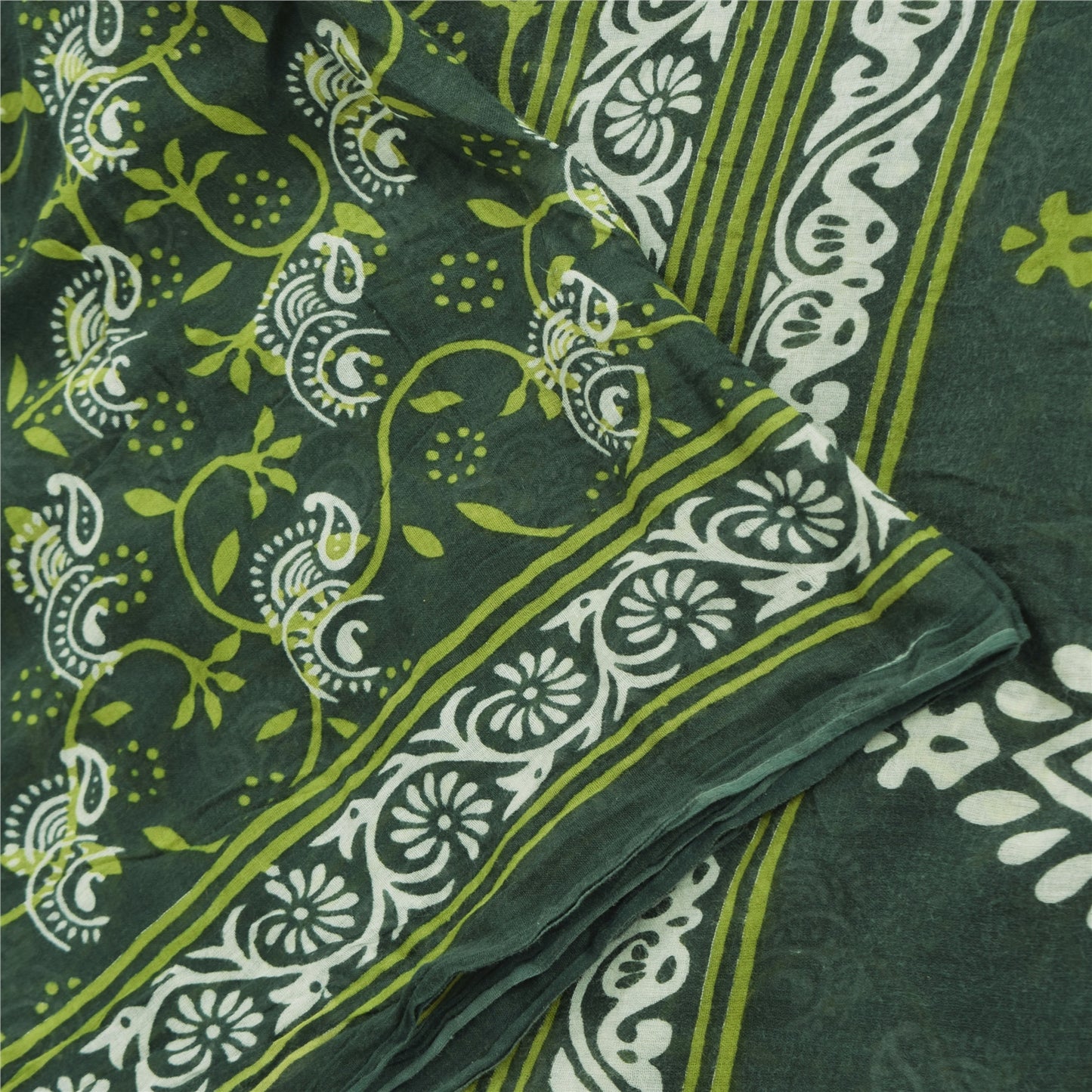 Sanskriti Vintage Sarees Indian Green Pure Cotton Printed Sari 5yd Craft Fabric