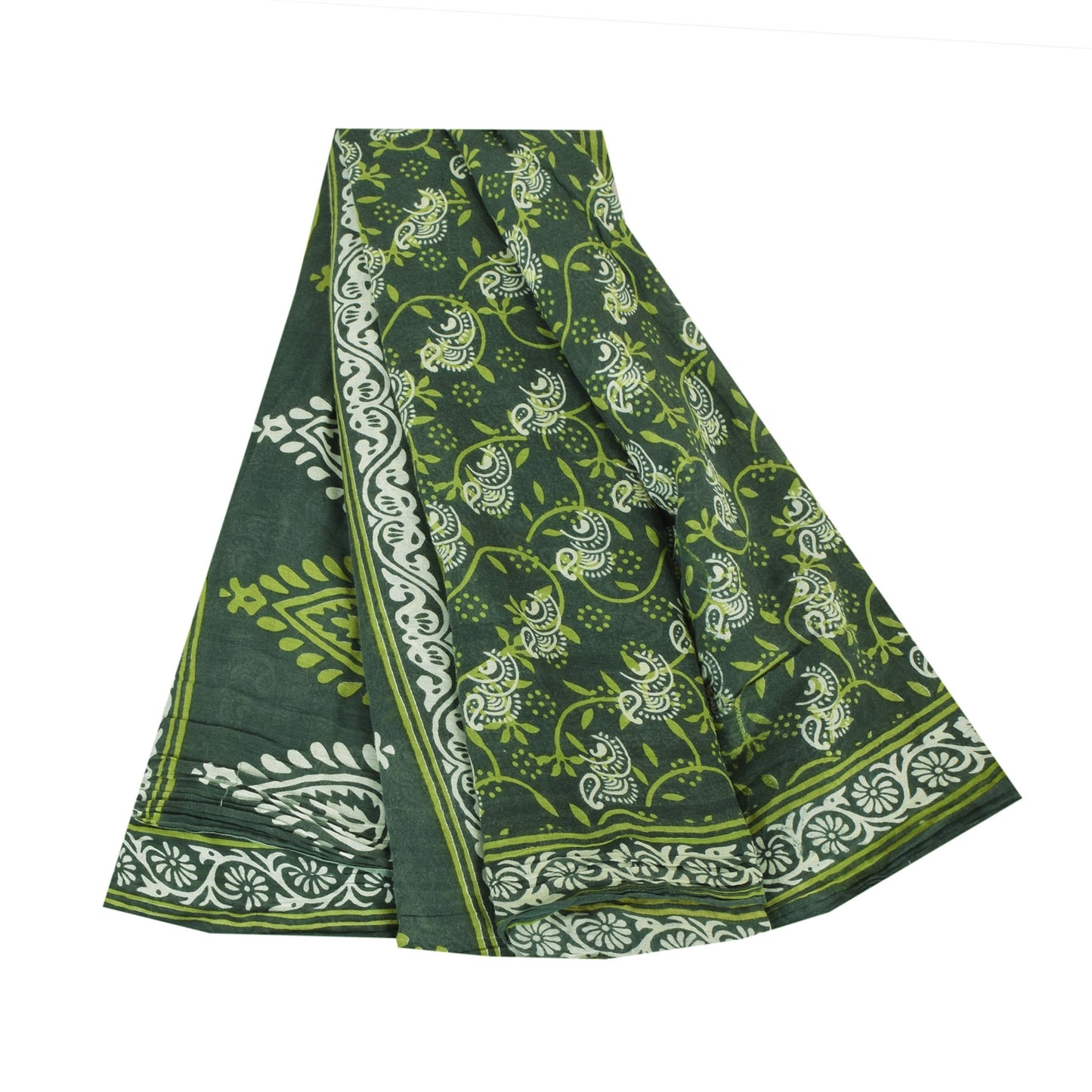 Sanskriti Vintage Sarees Indian Green Pure Cotton Printed Sari 5yd Craft Fabric