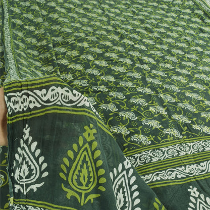 Sanskriti Vintage Sarees Indian Green Pure Cotton Printed Sari 5yd Craft Fabric