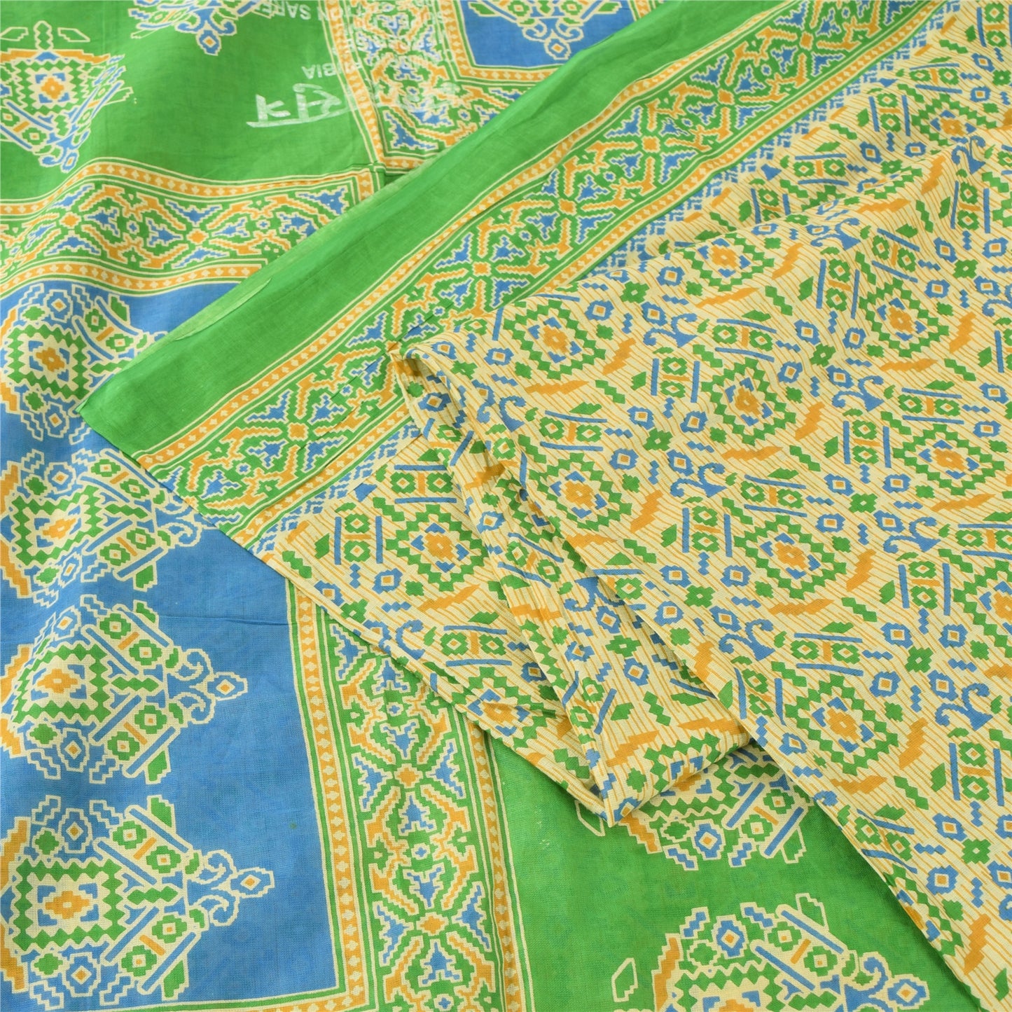 Sanskriti Vintage Sarees Pale-Yellow Pure Cotton Printed Sari 5yd Craft Fabric