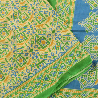 Sanskriti Vintage Sarees Pale-Yellow Pure Cotton Printed Sari 5yd Craft Fabric