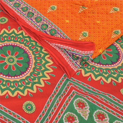 Sanskriti Vintage Sarees Indian Orange Pure Cotton Printed Sari 5yd Craft Fabric