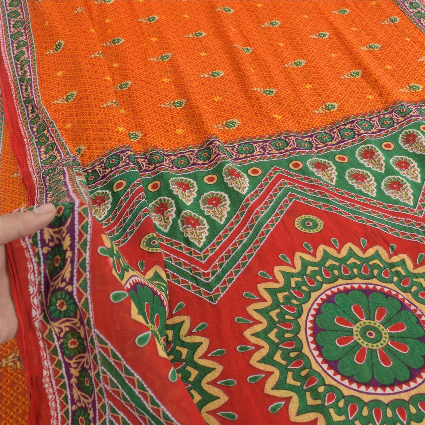 Sanskriti Vintage Sarees Indian Orange Pure Cotton Printed Sari 5yd Craft Fabric