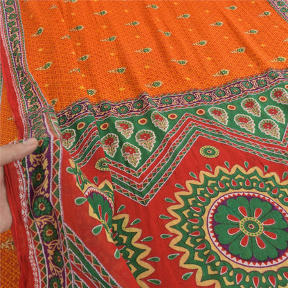 Sanskriti Vintage Sarees Indian Orange Pure Cotton Printed Sari 5yd Craft Fabric