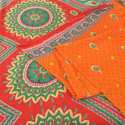 Sanskriti Vintage Sarees Indian Orange Pure Cotton Printed Sari 5yd Craft Fabric