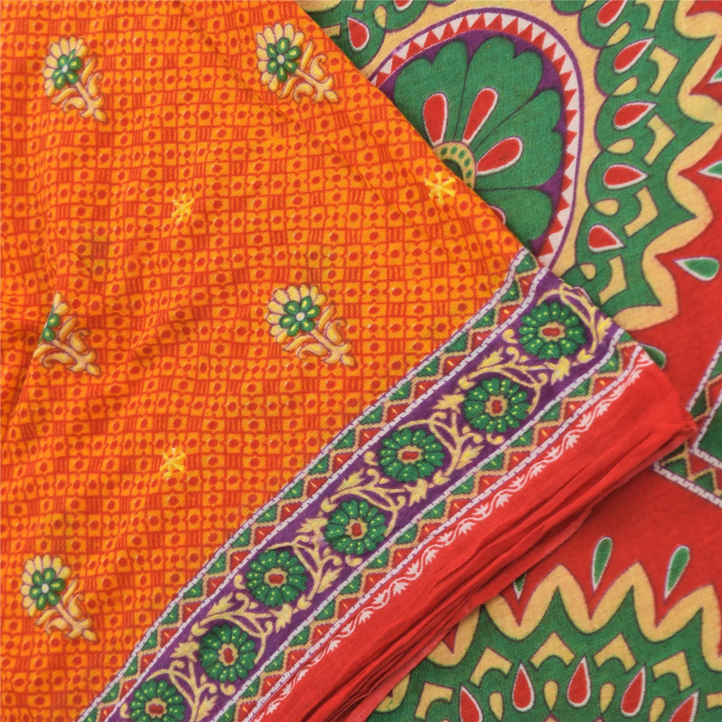 Sanskriti Vintage Sarees Indian Orange Pure Cotton Printed Sari 5yd Craft Fabric