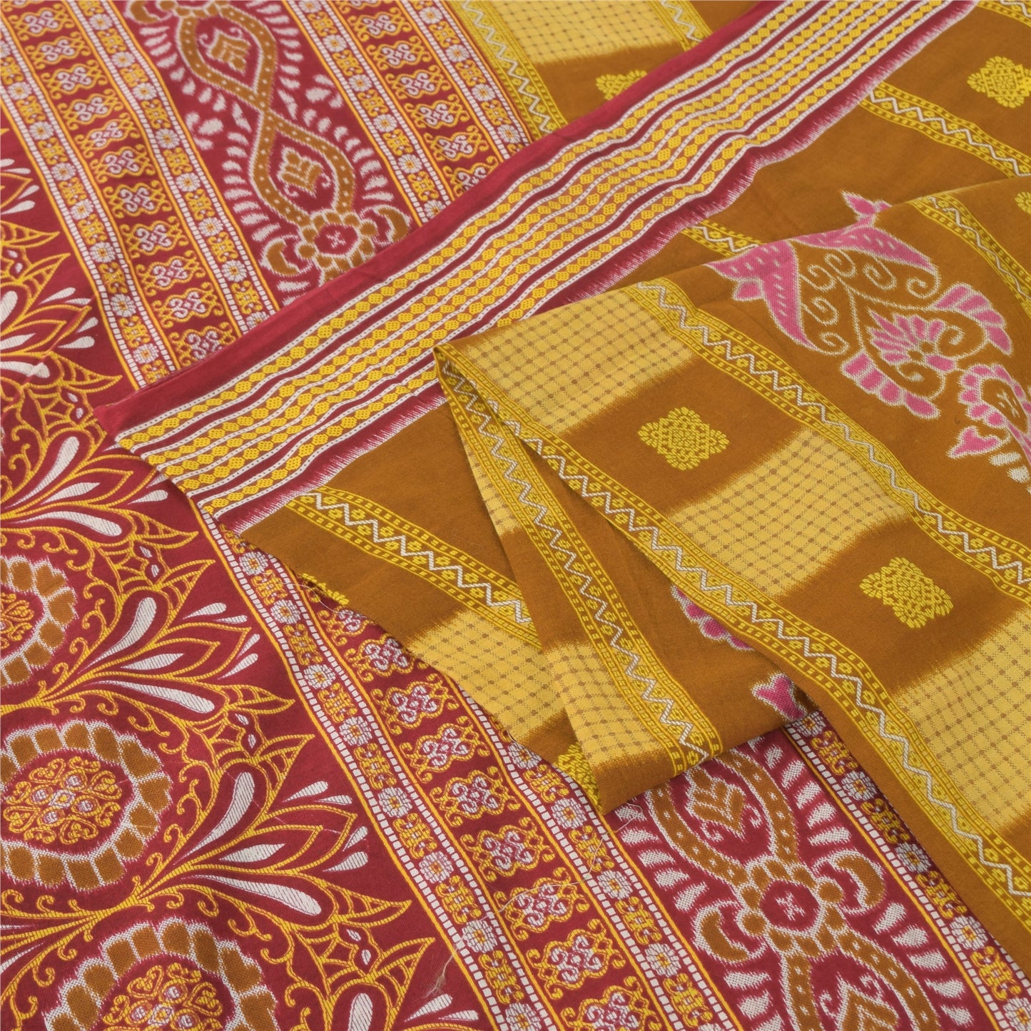 Sanskriti Vintage Sarees Mustard/Purple Pure Cotton Print Sari 5yd Craft Fabric