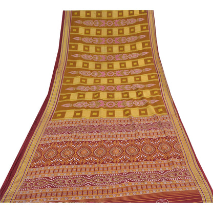 Sanskriti Vintage Sarees Mustard/Purple Pure Cotton Print Sari 5yd Craft Fabric