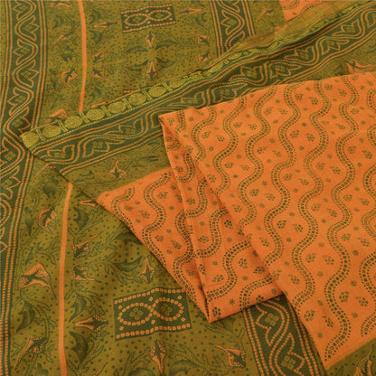 Sanskriti Vintage Sarees Saffron/Green Pure Cotton Printed Sari 5yd Craft Fabric