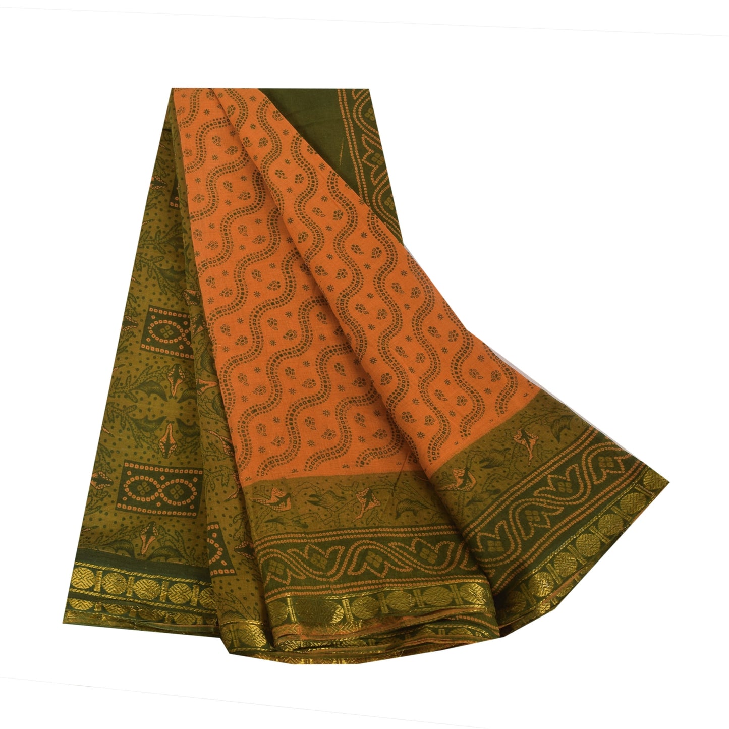 Sanskriti Vintage Sarees Saffron/Green Pure Cotton Printed Sari 5yd Craft Fabric