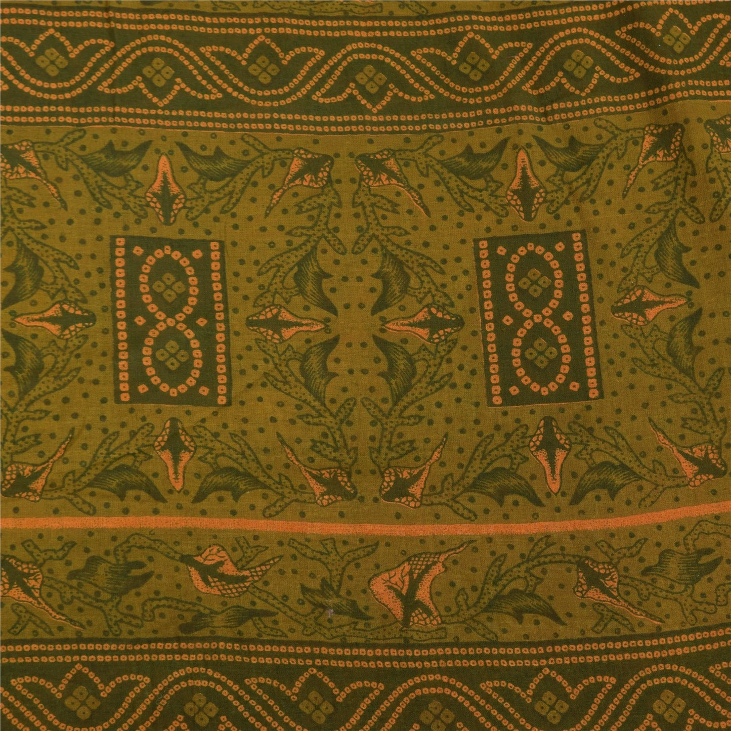 Sanskriti Vintage Sarees Saffron/Green Pure Cotton Printed Sari 5yd Craft Fabric