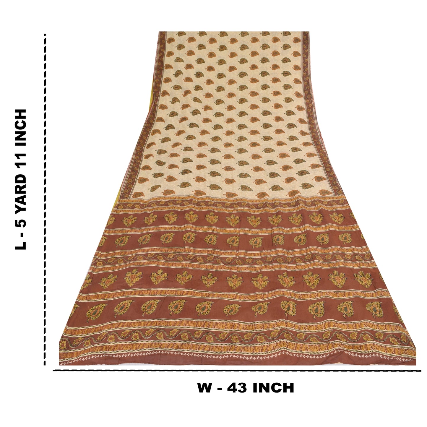 Sanskriti Vintage Sarees Cream/Brown Pure Cotton Printed Sari 5yd Craft Fabric