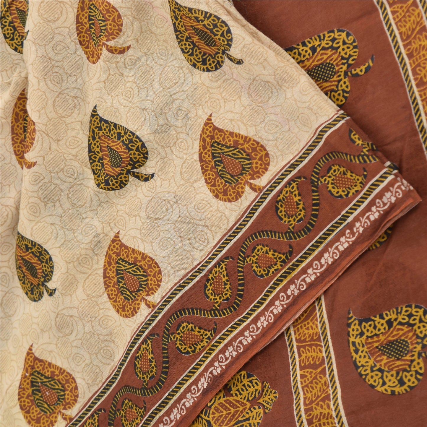 Sanskriti Vintage Sarees Cream/Brown Pure Cotton Printed Sari 5yd Craft Fabric