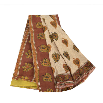 Sanskriti Vintage Sarees Cream/Brown Pure Cotton Printed Sari 5yd Craft Fabric