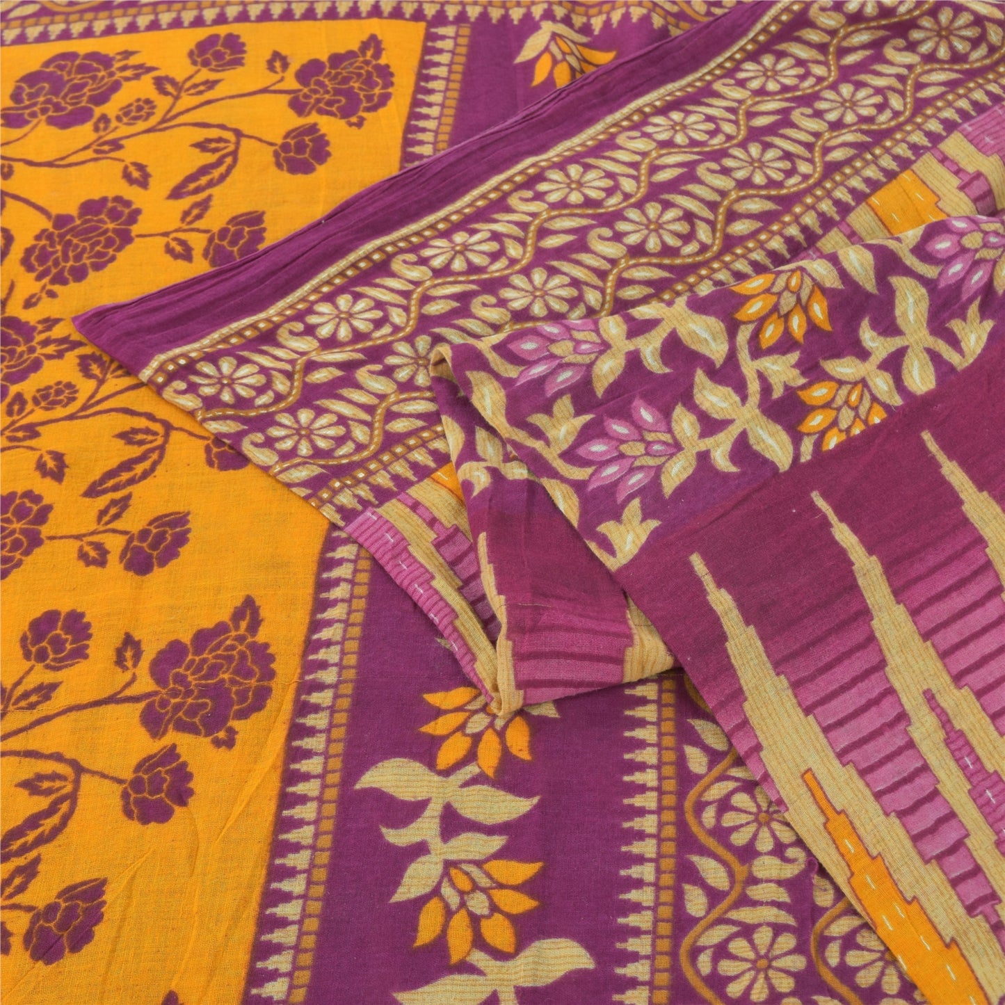 Sanskriti Vintage Sarees Indian Purple Pure Cotton Printed Sari 5yd Craft Fabric