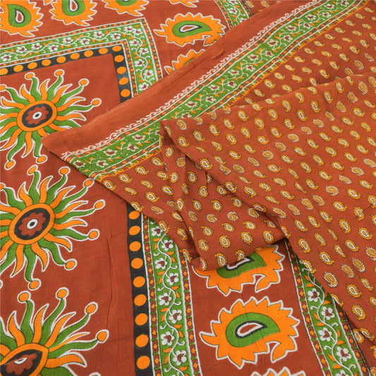 Sanskriti Vintage Sarees Indian Orange Pure Cotton Printed Sari 5yd Craft Fabric