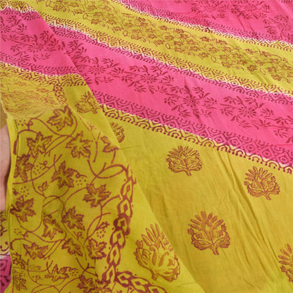 Sanskriti Vintage Sarees Green/Pink Hand Block Printed Pure Cotton Sari Fabric