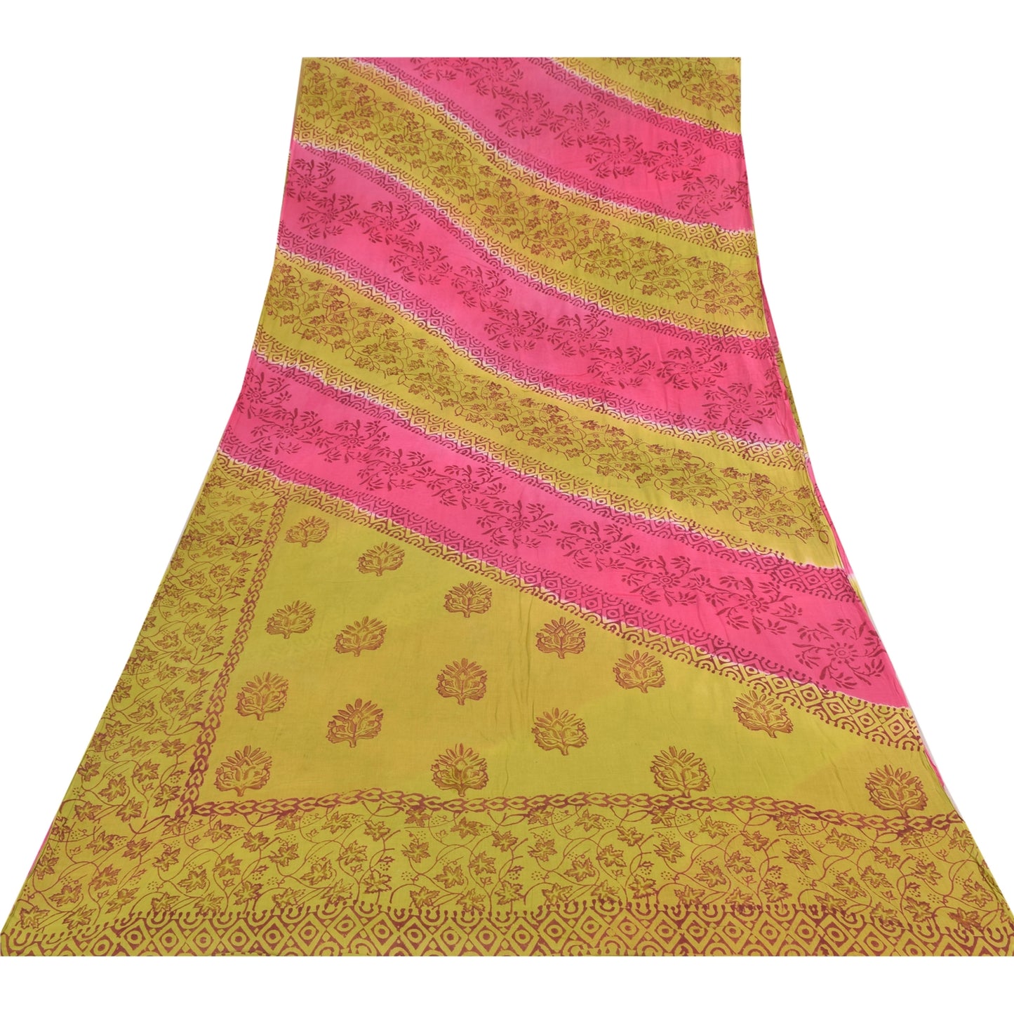 Sanskriti Vintage Sarees Green/Pink Hand Block Printed Pure Cotton Sari Fabric