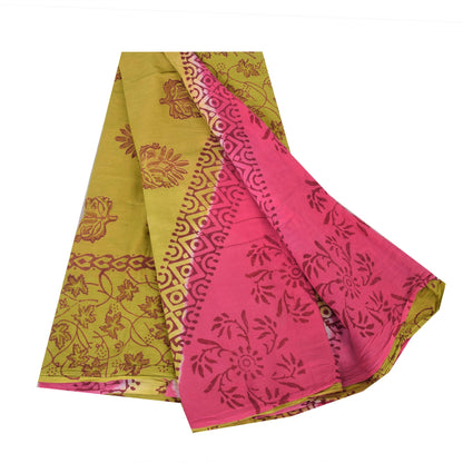 Sanskriti Vintage Sarees Green/Pink Hand Block Printed Pure Cotton Sari Fabric