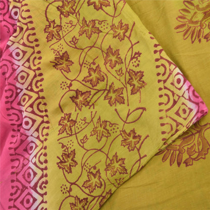 Sanskriti Vintage Sarees Green/Pink Hand Block Printed Pure Cotton Sari Fabric