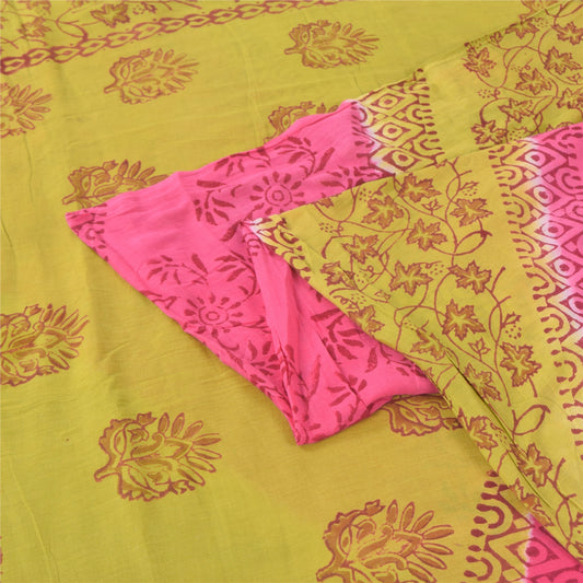 Sanskriti Vintage Sarees Green/Pink Hand Block Printed Pure Cotton Sari Fabric