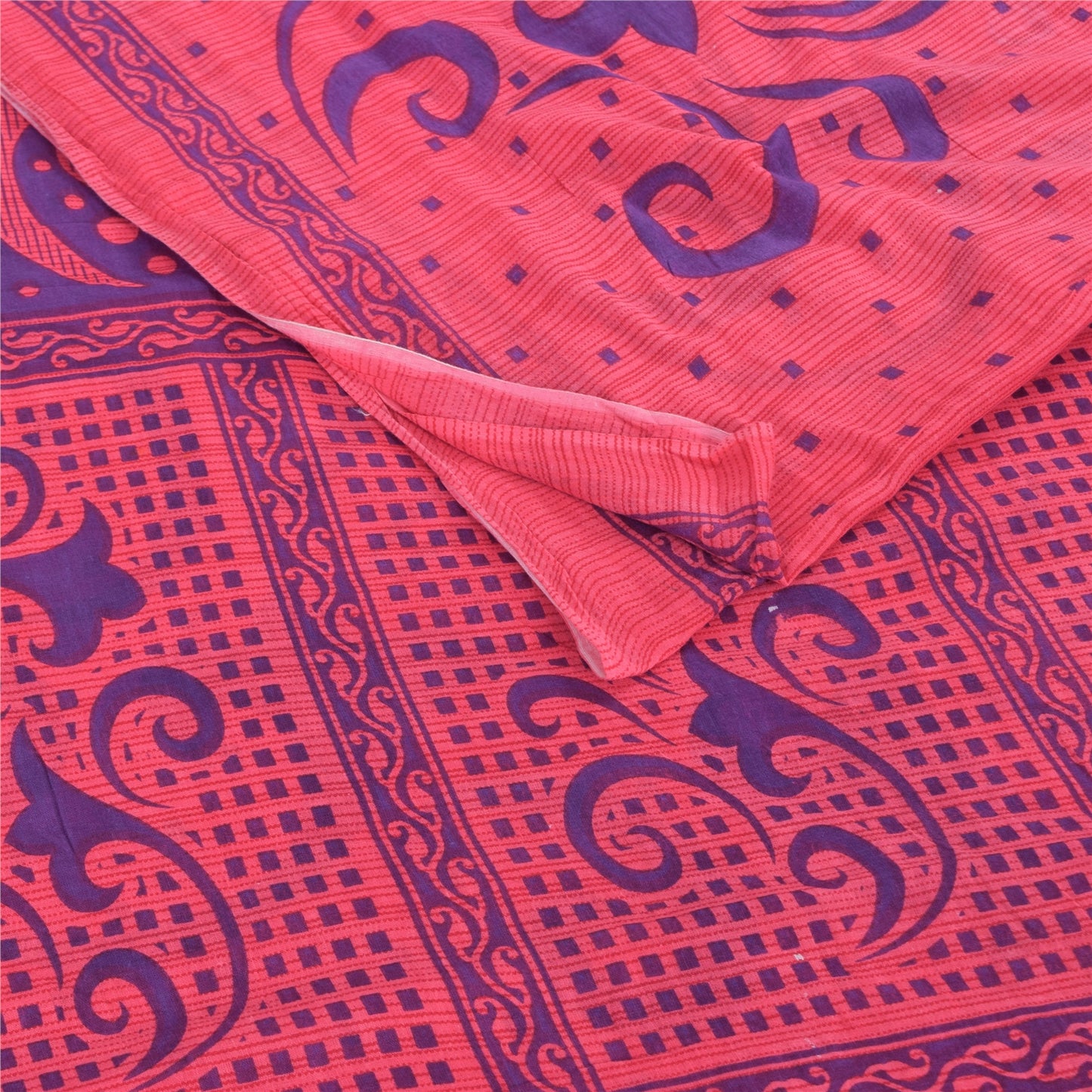 Sanskriti Vintage Sarees Pink/Blue Pure Cotton Printed Sari 5yd Craft Fabric