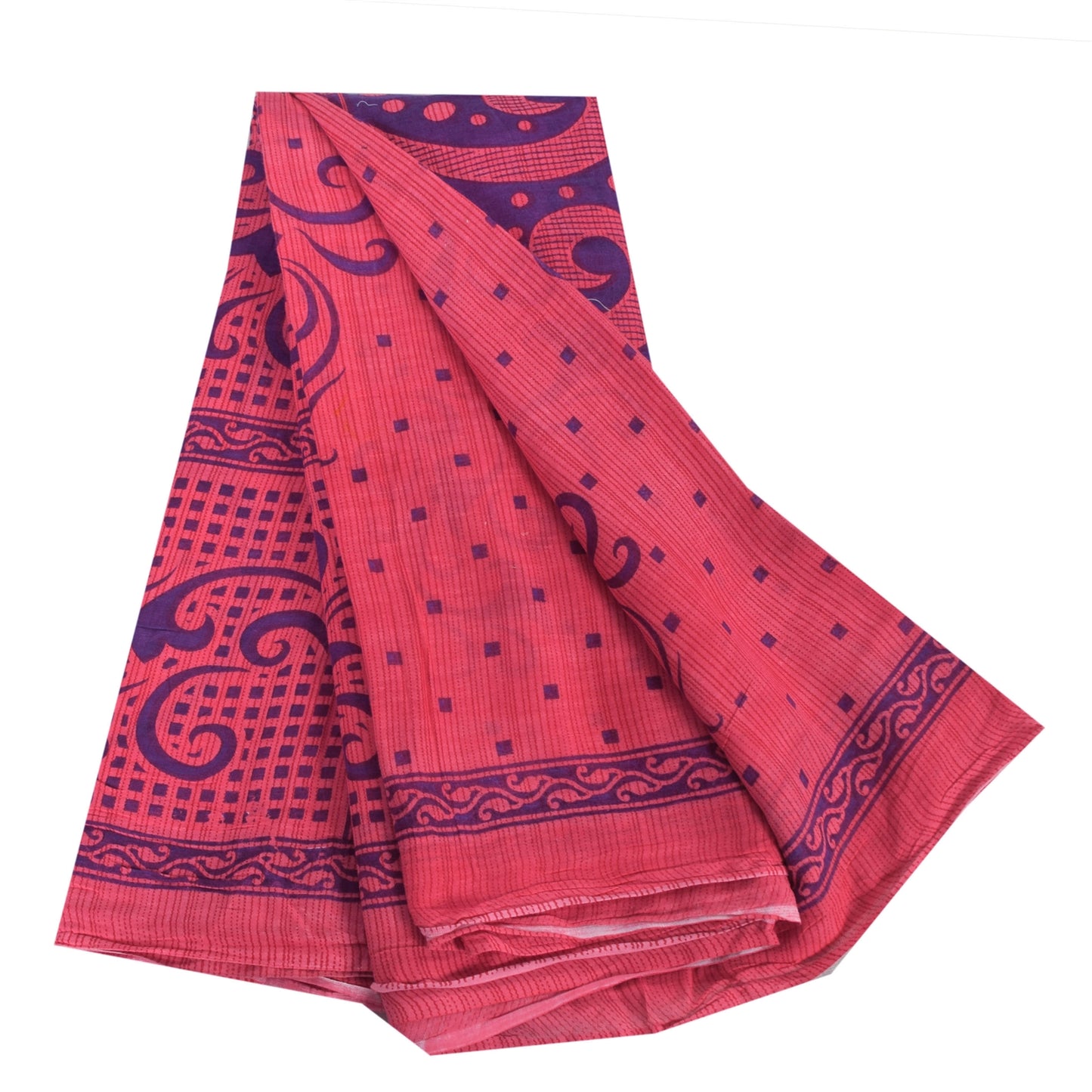 Sanskriti Vintage Sarees Pink/Blue Pure Cotton Printed Sari 5yd Craft Fabric