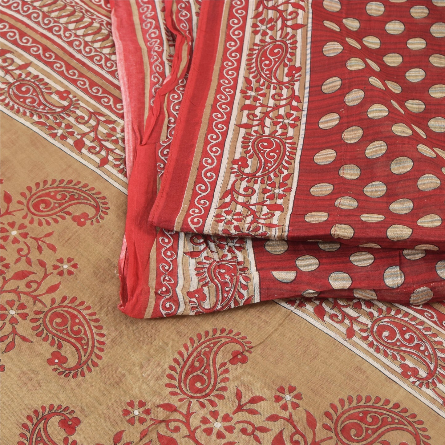 Sanskriti Vintage Sarees Cream/Red Pure Cotton Printed Sari 8 Yard Craft Fabric