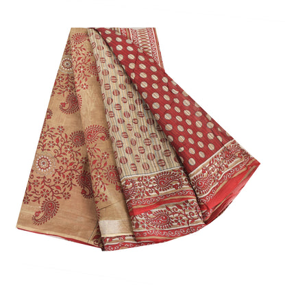 Sanskriti Vintage Sarees Cream/Red Pure Cotton Printed Sari 8 Yard Craft Fabric