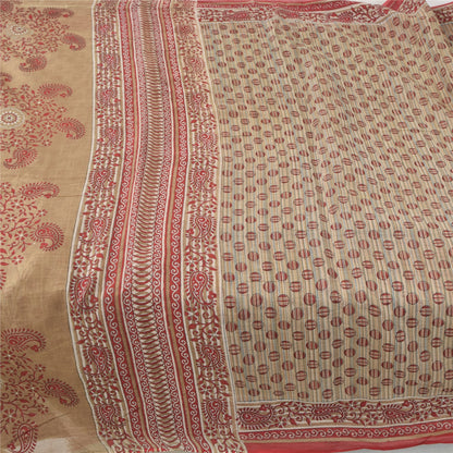 Sanskriti Vintage Sarees Cream/Red Pure Cotton Printed Sari 8 Yard Craft Fabric