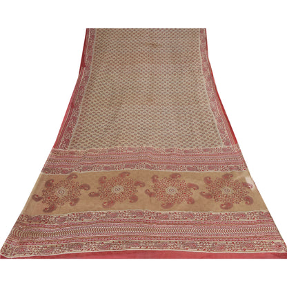 Sanskriti Vintage Sarees Cream/Red Pure Cotton Printed Sari 8 Yard Craft Fabric