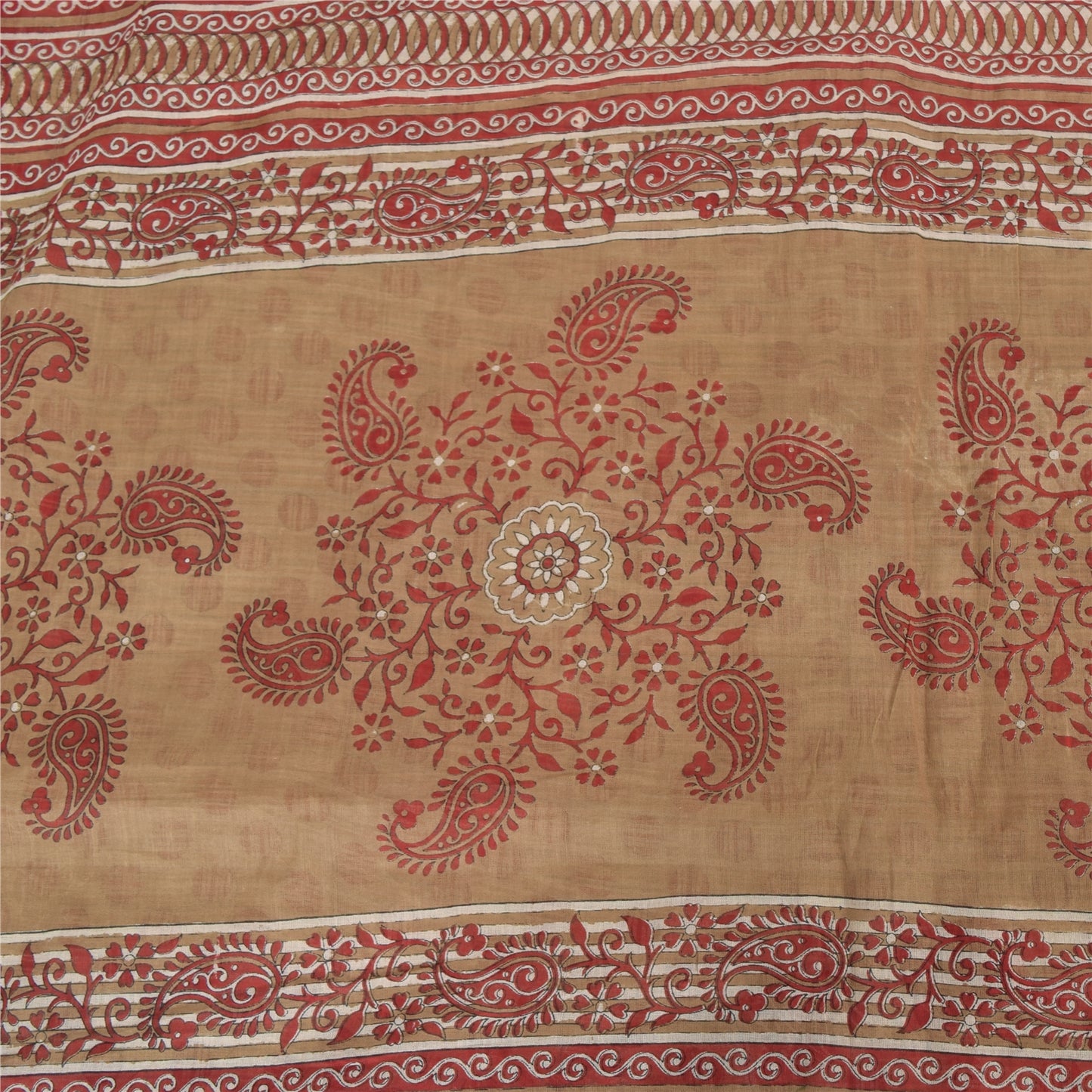 Sanskriti Vintage Sarees Cream/Red Pure Cotton Printed Sari 8 Yard Craft Fabric