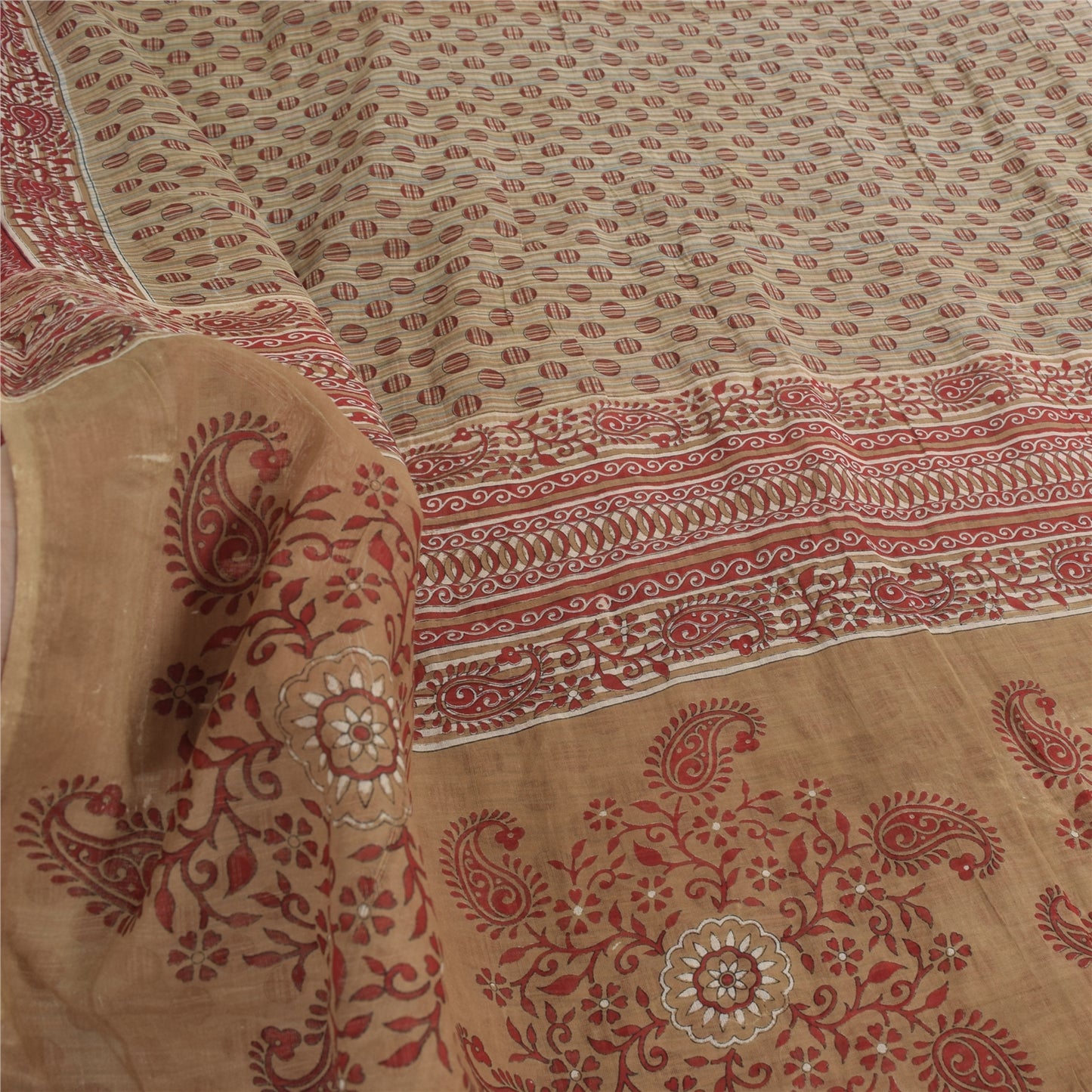 Sanskriti Vintage Sarees Cream/Red Pure Cotton Printed Sari 8 Yard Craft Fabric