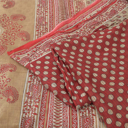 Sanskriti Vintage Sarees Cream/Red Pure Cotton Printed Sari 8 Yard Craft Fabric