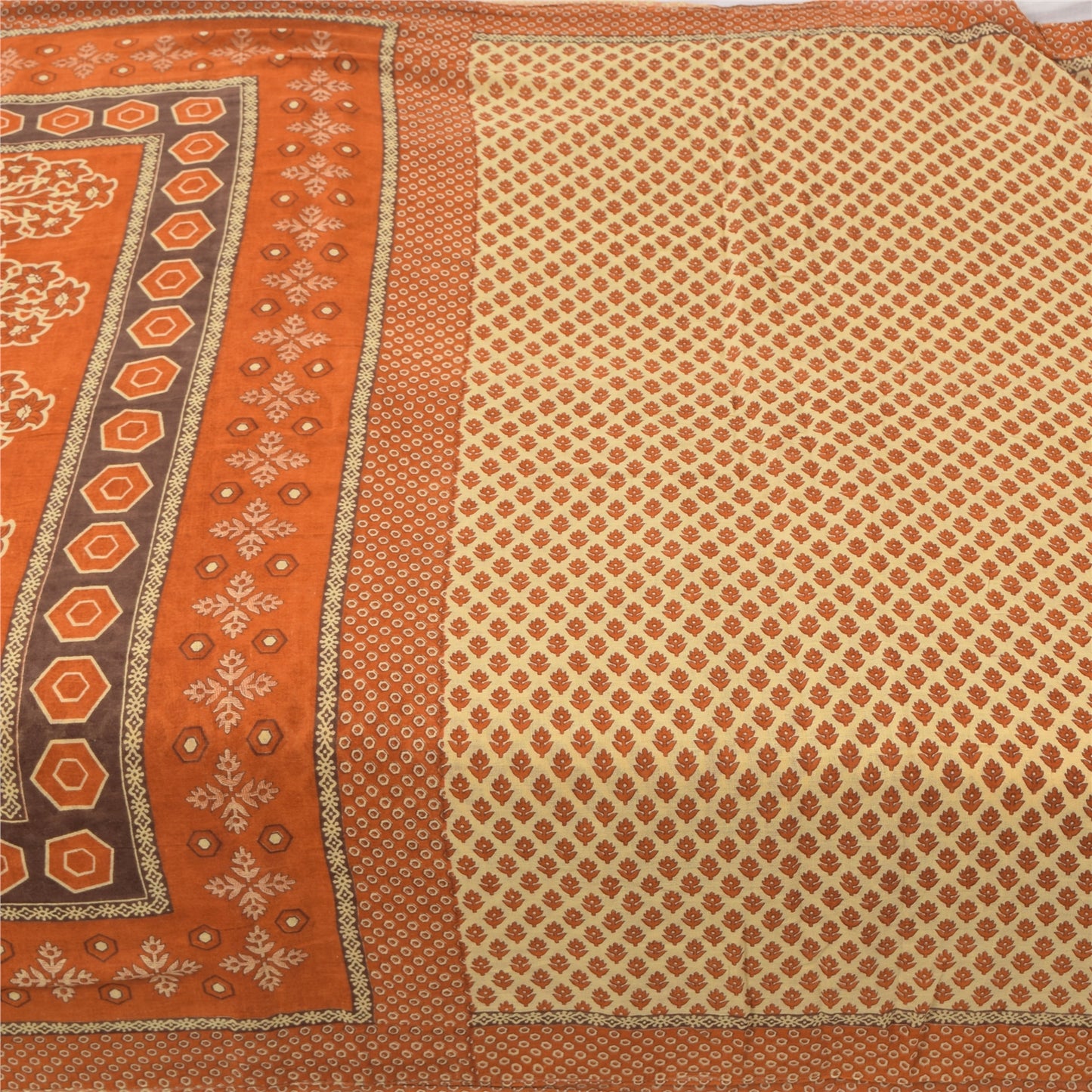 Sanskriti Vintage Sarees Cream/Orange Pure Cotton Printed Sari 5yd Craft Fabric