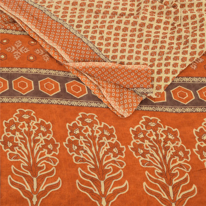 Sanskriti Vintage Sarees Cream/Orange Pure Cotton Printed Sari 5yd Craft Fabric