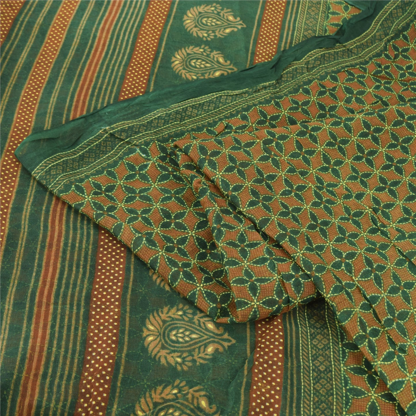 Sanskriti Vintage Sarees Green/Orange Kantha Printed Pure Cotton Sari 5yd Fabric