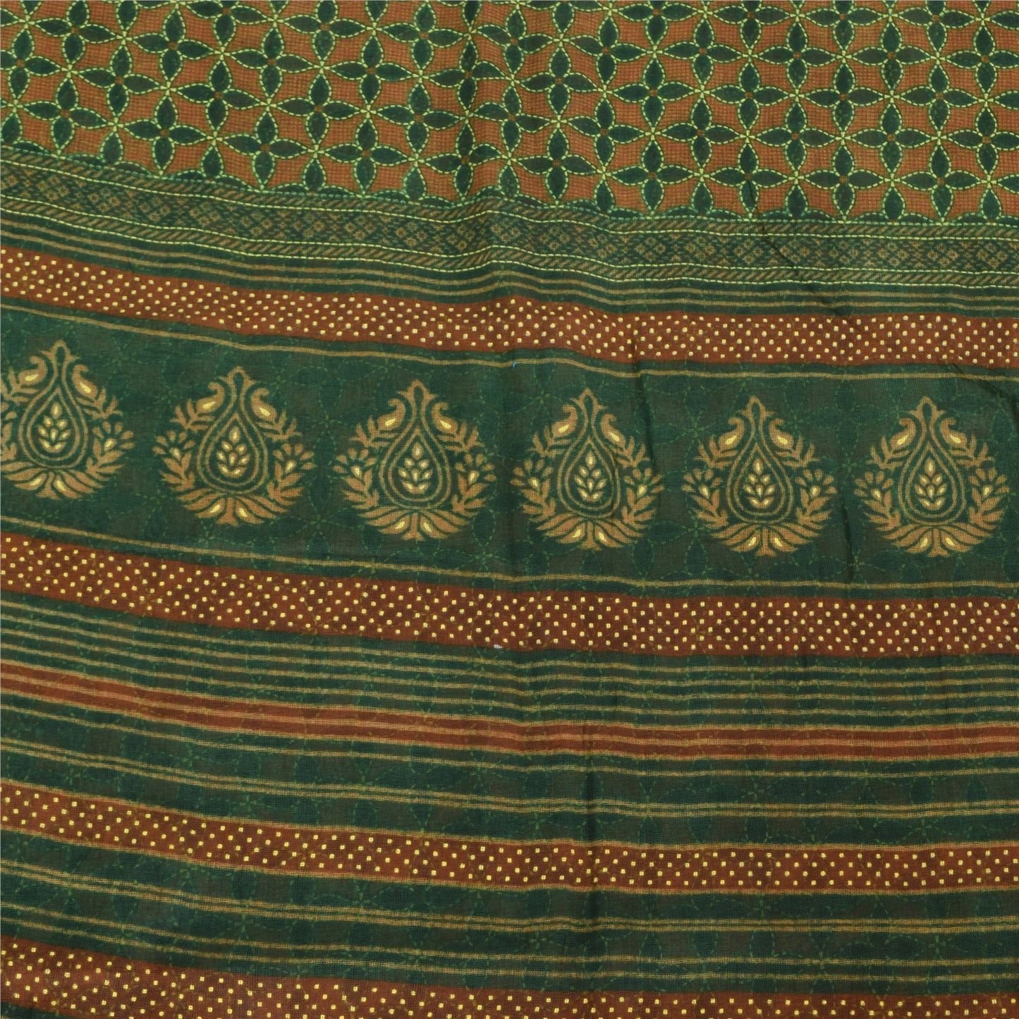 Sanskriti Vintage Sarees Green/Orange Kantha Printed Pure Cotton Sari 5yd Fabric