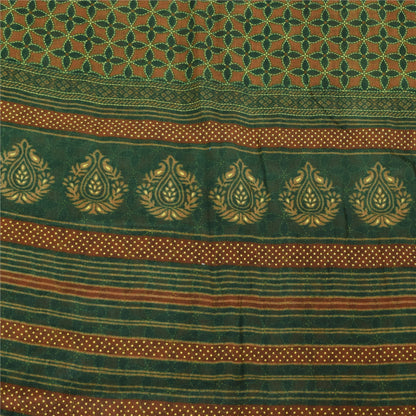 Sanskriti Vintage Sarees Green/Orange Kantha Printed Pure Cotton Sari 5yd Fabric