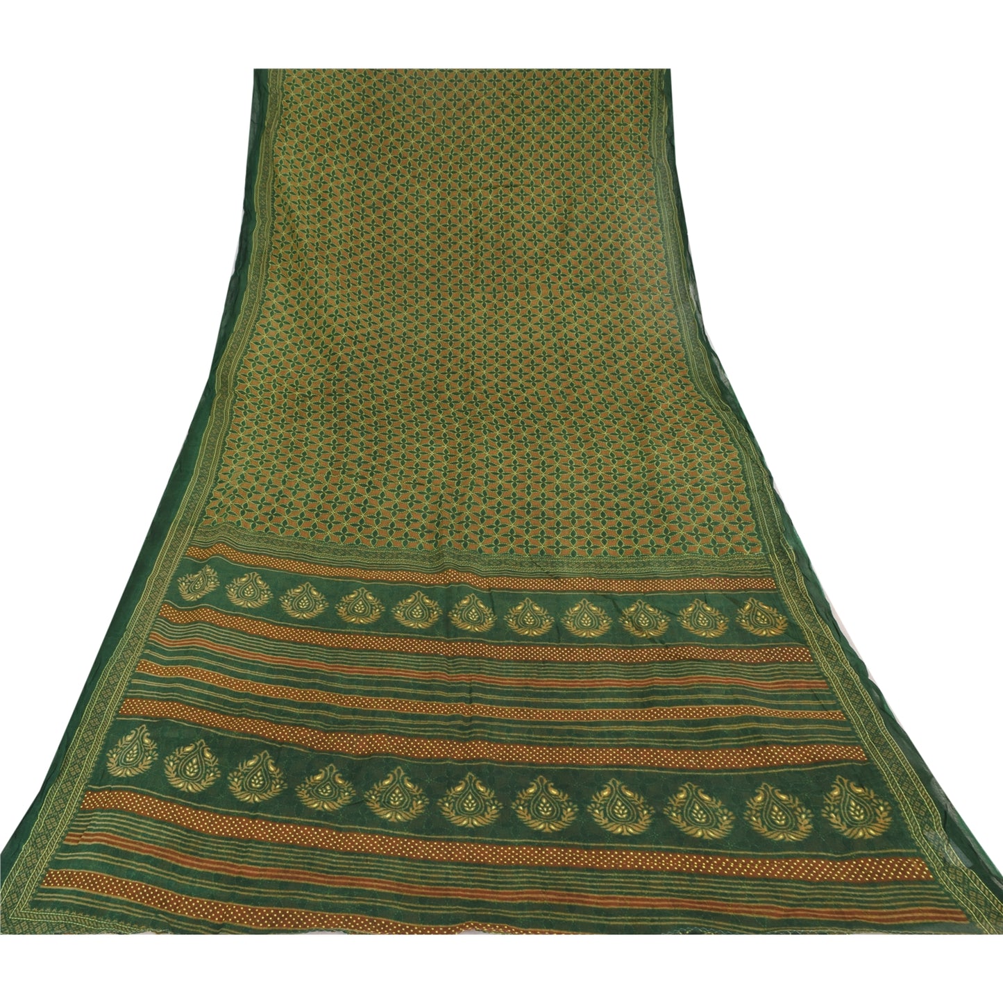 Sanskriti Vintage Sarees Green/Orange Kantha Printed Pure Cotton Sari 5yd Fabric