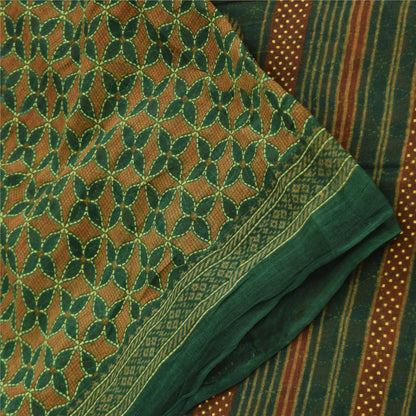 Sanskriti Vintage Sarees Green/Orange Kantha Printed Pure Cotton Sari 5yd Fabric